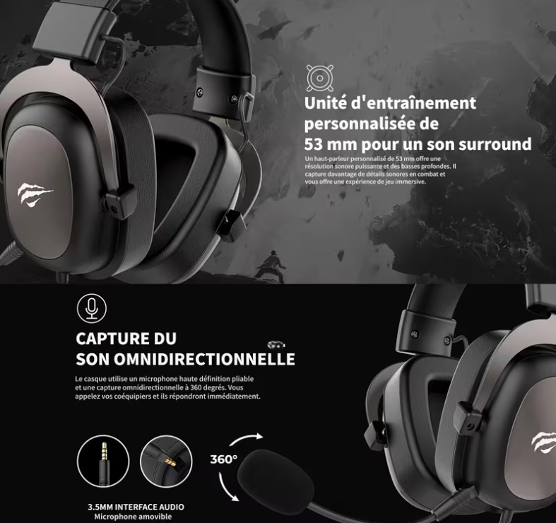 Casque gaming HAVIT H2002D pour PS4 et PC - Drivers 50MM pour son surround - Microphone inclus - Cadre en aluminium robuste - Idéal comme cadeau de Saint-Valentin pour hommes